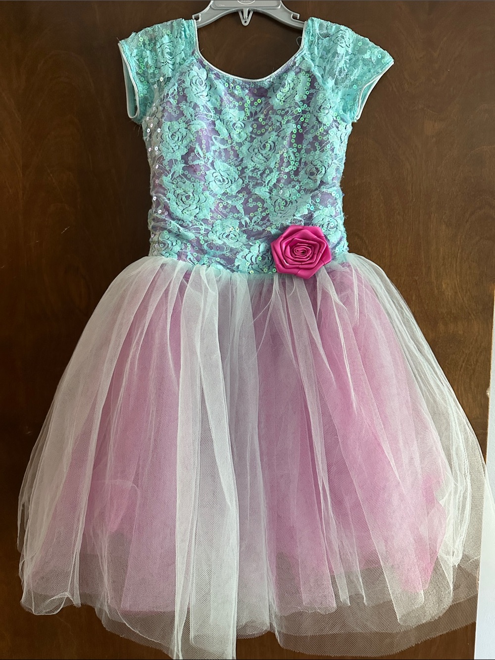Revolution Dancewear costume- Turquoise Lace & Pink Tulle